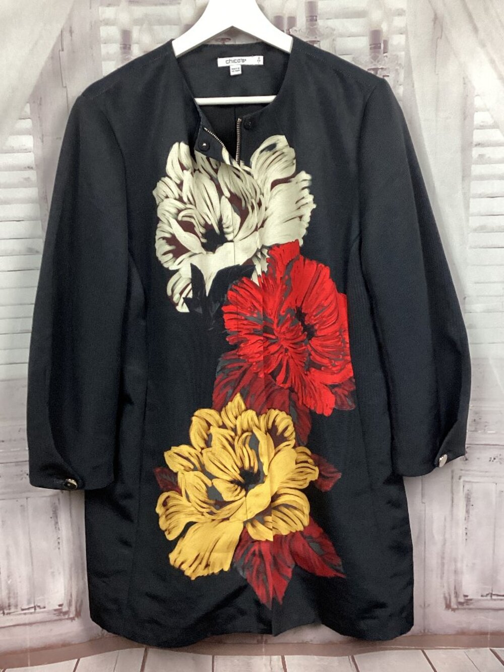Chico Duster Black Floral Long Zip Up Jacket 2/L